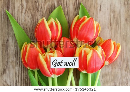 Get well card with red and yellow tulips