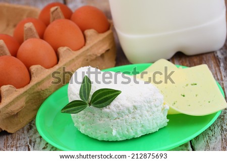 Dairy products: curd cheese, hard cheese, whole eggs and milk
