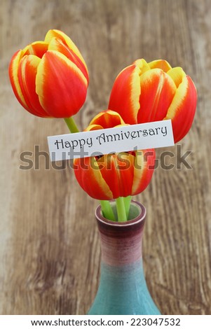 Happy Anniversary card with red and yellow tulips