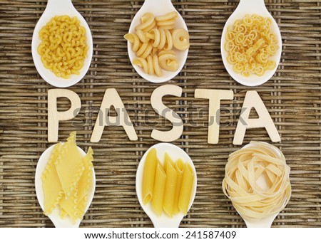 Pasta written with wooden letters on wicker and uncooked pasta on porcelain spoons