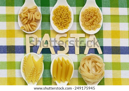 Pasta written with wooden letters on checkered cloth and uncooked pasta on porcelain spoons