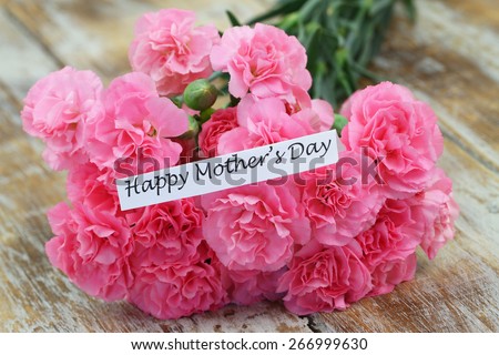Happy Mother\'s day card with pink carnations bouquet