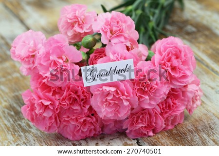 Good luck card with pink carnation flowers