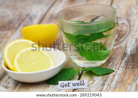 Get well card with glass of mint tea and lemon