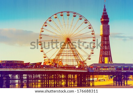 Retro Photo Filter Effect Blackpool Tower and Central Pier Ferris Wheel, Lancashire, UK