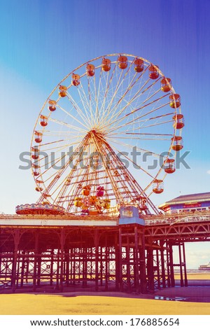 Retro Photo Filter Effect Ferris Wheel on Central Pier, Blackpool, Lancashire, UK