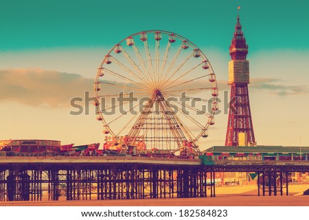 Retro Photo Filter Effect Blackpool Tower and Central Pier Ferris Wheel, Lancashire, UK