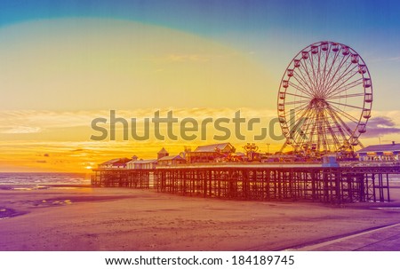 Retro Effect Photo Filter: Blackpool Central Pier and Ferris Wheel, Lancashire, England, UK
