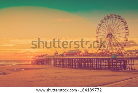 Retro Effect Photo Filter: Blackpool Central Pier and Ferris Wheel, Lancashire, England, UK