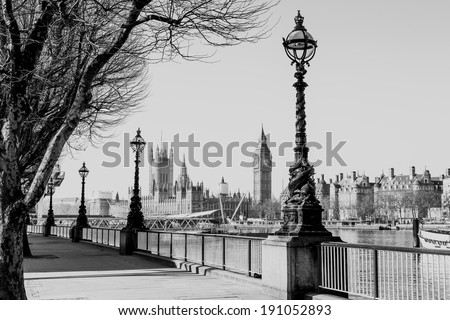 Retro Photo Effect - Lamp on South Bank of River Thames with Big Ben and Palace of Westminster in Background, London, England, UK