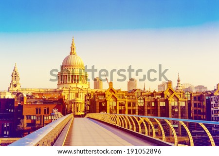 Retro Photo Effect - St Paul\'s Cathedral from the Millennium Bridge at Dawn, London, England, UK
