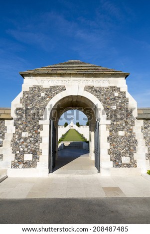 Entrance to Tyne Cot World War One Cemetery, the largest British War cemetery in the world.  near Ypres, Flanders, Zonnebeke, Belgium