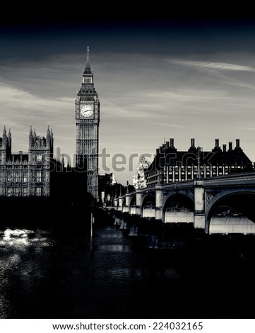 Retro Photo Filter Processed Effect - Elizabeth Tower, Big Ben and Westminster Bridge in early morning light, London, England, UK