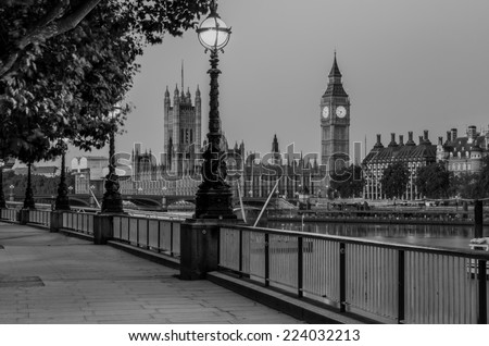 Retro Photo Filter Processed Effect - Street Lamp on South Bank of River Thames with Big Ben and Palace of Westminster in Background, London, England, UK