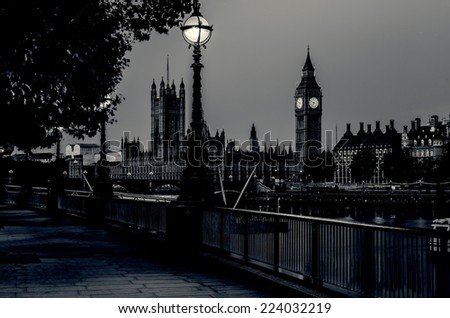Retro Photo Filter Processed Effect - Street Lamp on South Bank of River Thames with Big Ben and Palace of Westminster in Background, London, England, UK