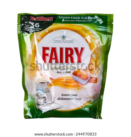 SLOUGH, UK. JANUARY 17, 2014: Pack of Fairy Dishwasher Tablets on a white background. The Fairy Brand is manufactured by Procter & Gamble which was founded in Cincinnati, US in 1837