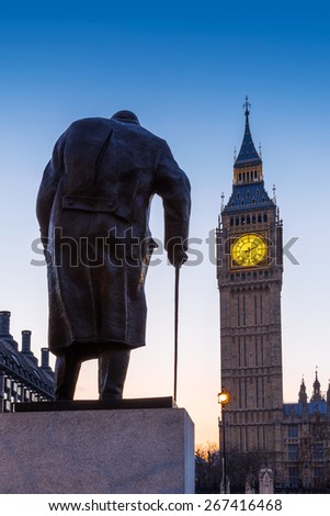 Statue of Sir Winston Churchill, looking towards Westminster Palace, Houses of Parliament, Elizabeth Tower, Big Ben, at Sunrise. London, England, UK.