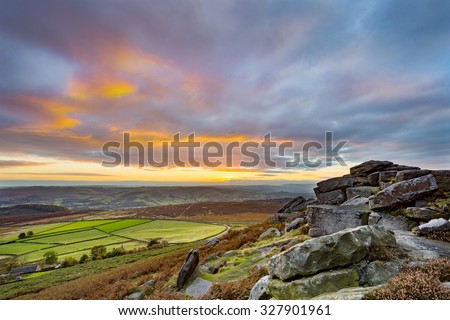 Sunset from Stanage Edge, in the Peak District National Park, Derbyshire, England, UK