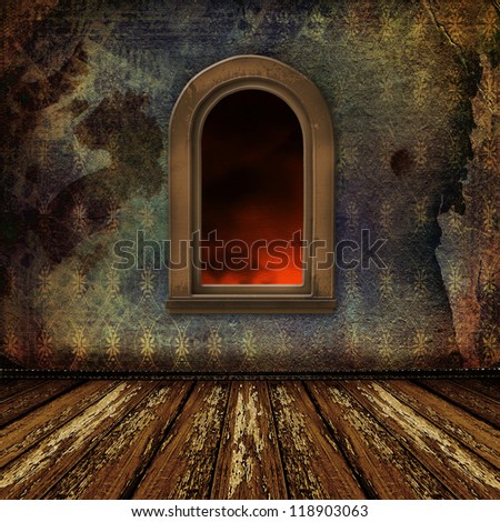 Old room, grunge interior with windows in style baroque