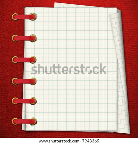 Red notebook. A writing-book in a section. A golden clip and a red tape