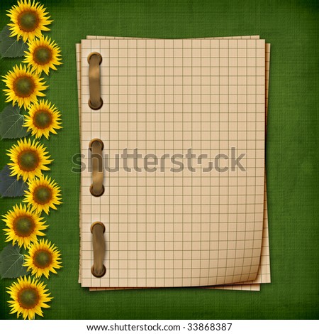 Grunge notebook with sunflowers. A writing-book in a section with golden clip