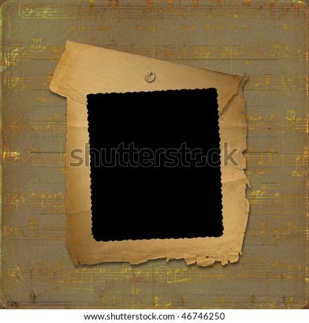 Old frame on the grunge musical background with gold notes