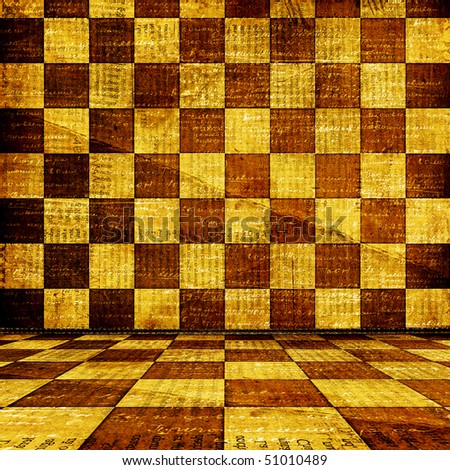 Old room, grunge  interior with  chess wall