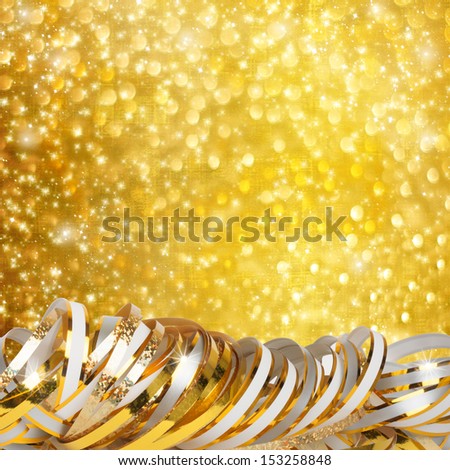 Gold paper horizontal ribbon on abstract snowy background fetti