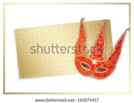 Carnival red mask with old paper for greeting on isolated white background
