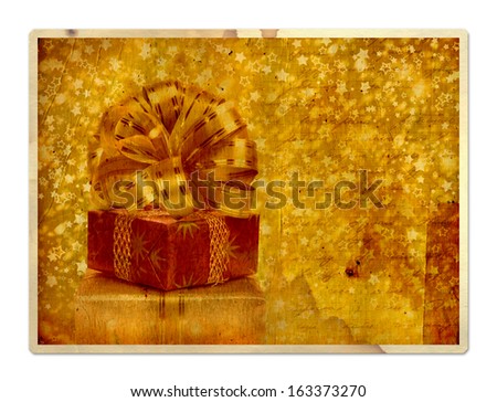 Vintage greeting card with gift boxes and beautiful golden bow