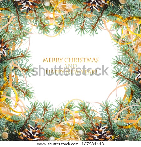 Christmas tree branch with gold serpentine and yellow sphere on white background isolated