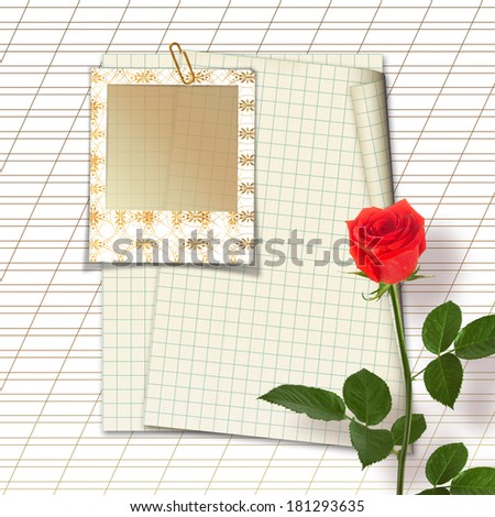 Bouquet of beautiful red roses with the invitation or congratulation on the white paper