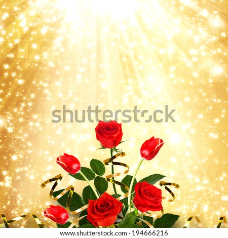 Bouquet of red roses and tulips with green leaves and ribbons on the abstract background with stars
