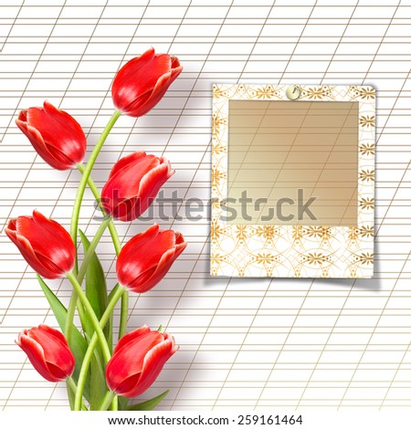 Bouquet of beautiful red tulips with slides on paper white background