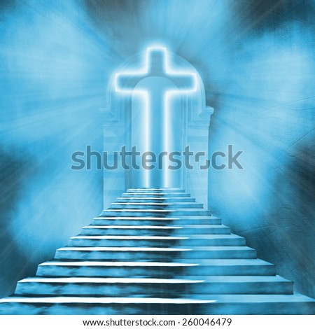 Glowing holy cross and staircase leading to heaven or hell