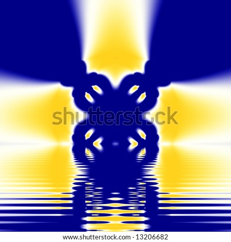 Blue and Yellow Abstract Fractal looks like a flag reflecting across a the waves of a body of water with geometic shapes and lines.