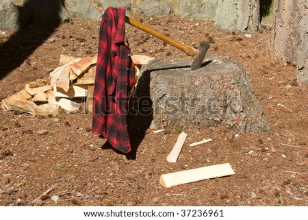 Double Bit Axe in Stump with Red Black Flannel Shirt Hanging on Handle. A pile of wood is next to the stump.