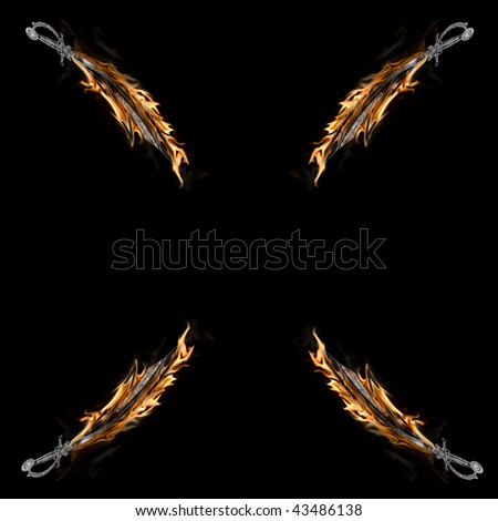 Four Flaming Pirate Cutlass Swords Isolated on a Black Background.