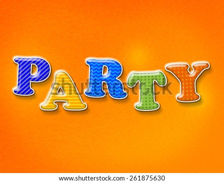 The word PARTY written in fun colorful letters with patterns on a bright background.