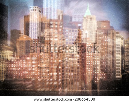 Composite image of New York City on the move. Drawing style colored pencil
