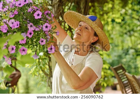Happy senior woman tends the flowers in a hanging pot. There is a green background of blurred plants, and wooden outdoor chairs are visible in the lower right corner.