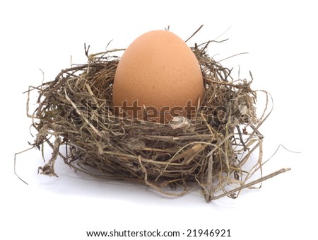 Hen\'s egg in a nest on white background