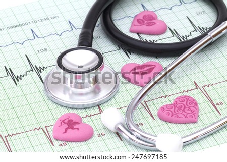 Pink candy hearts on heart beat graph with stethoscope
