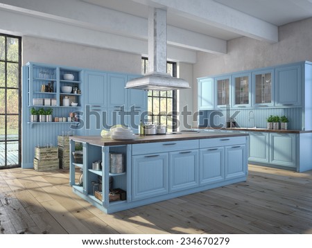 3D rendering. Luxurious kitchen with stainless steel appliances in a apartment.
