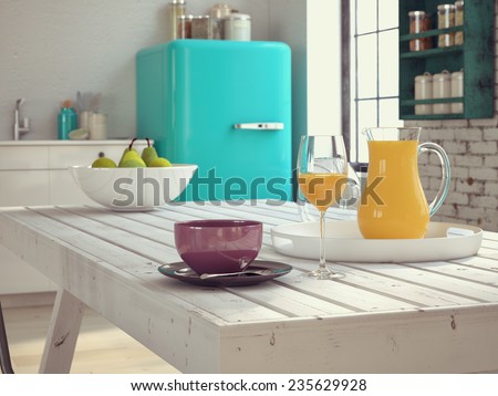 Kitchen in a vintage apartment with coffee and juice. 3d rendering