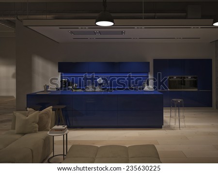 Contemporary steel kitchen in converted industrial loft. 3d rendering
