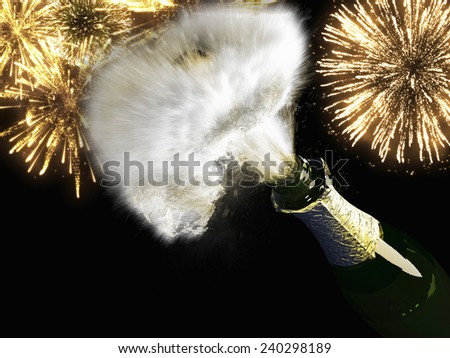 A Champagne bottle and cork with lit firework