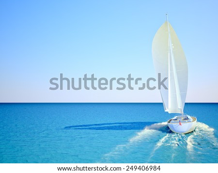 Sailboat racing in the blue and calm ocean against sky. 3d rendering