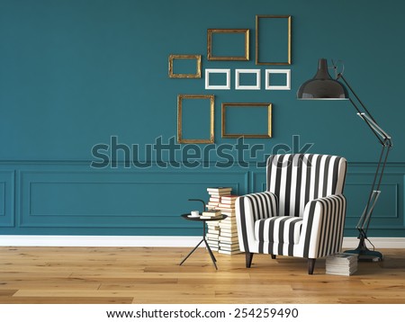 living room with an armchair, lamp and books, 3d rendering