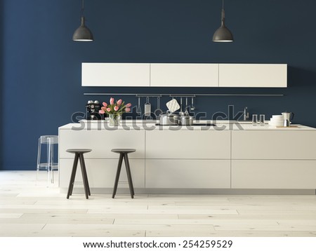 3d rendering. Luxurious kitchen with stainless steel appliances in a modern apartment